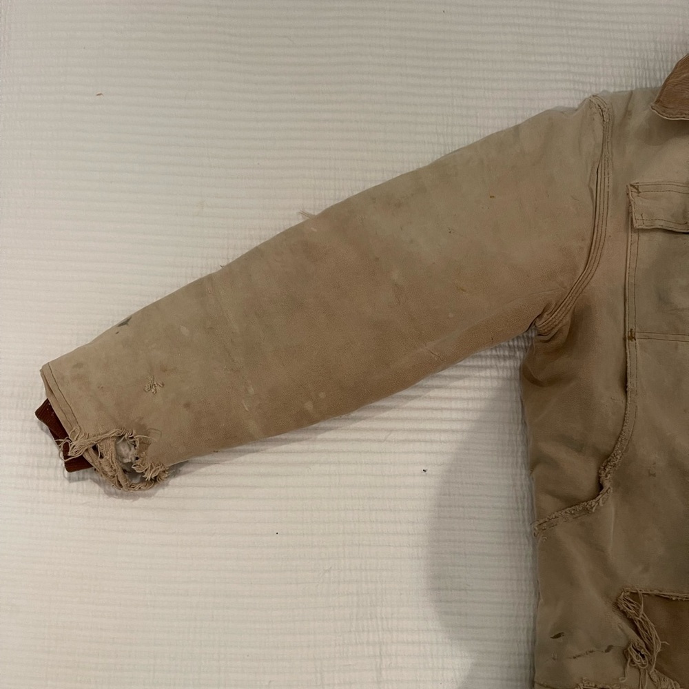 Vintage Carhartt Quilt Lined Tan Corduroy Collar Work Jacket Size Medium Stained - Picture 2 of 12